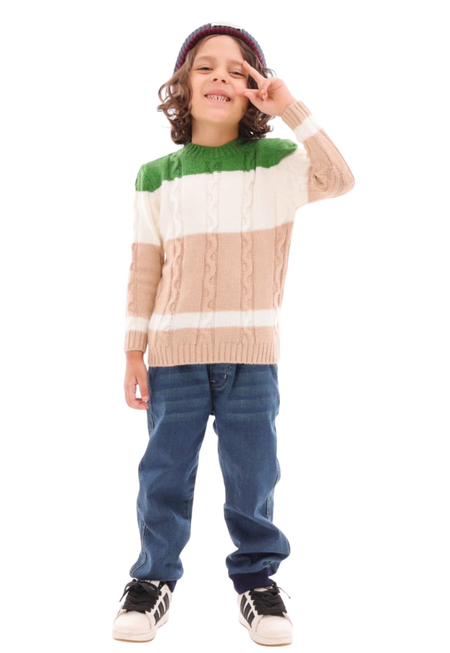 Boys' knitted pullover with wide tricolor stripes (301)