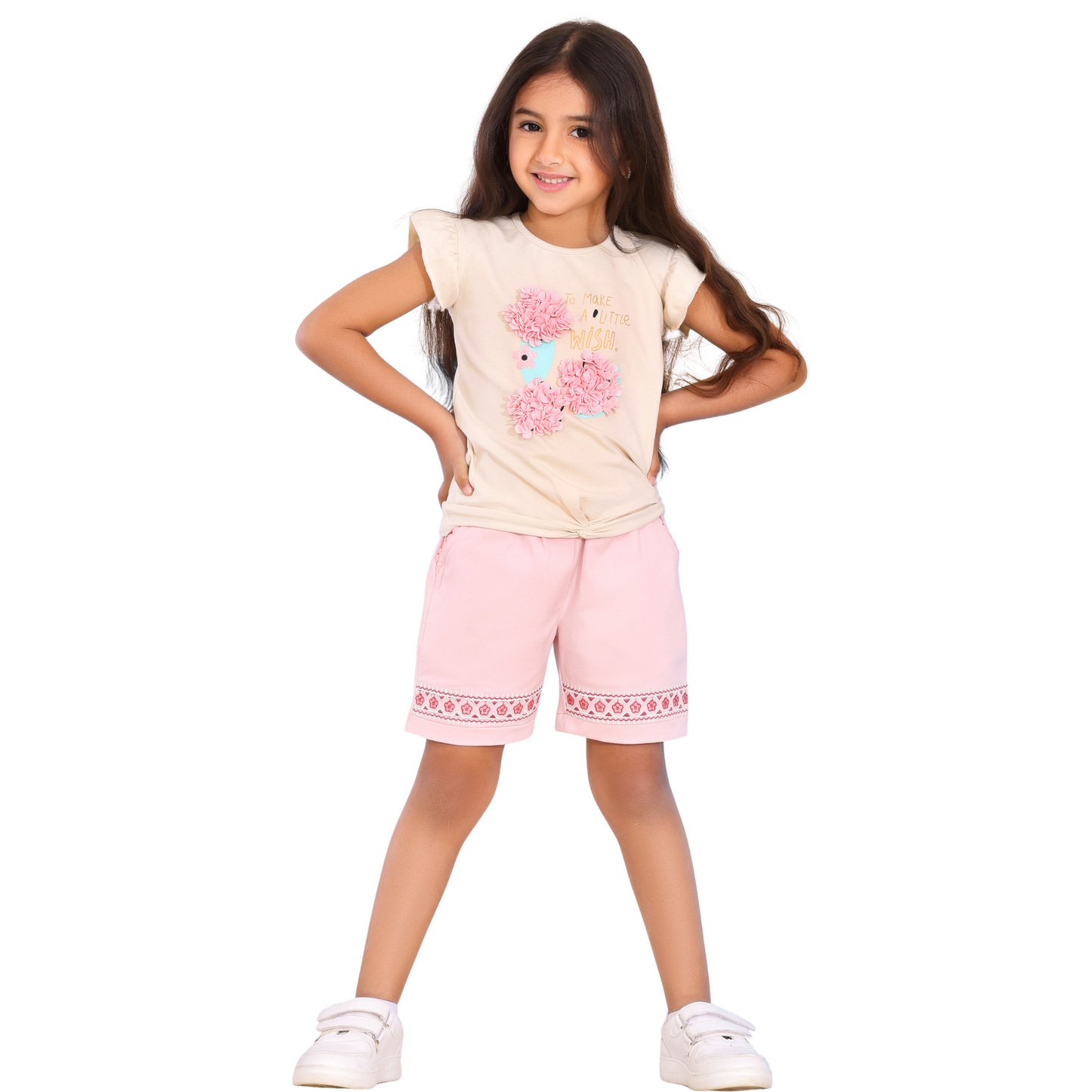 Girls' Cotton Tee & Embroidered Gabardine Shorts Pajama Set - Handmade Detail (2-5 Yrs) 510
