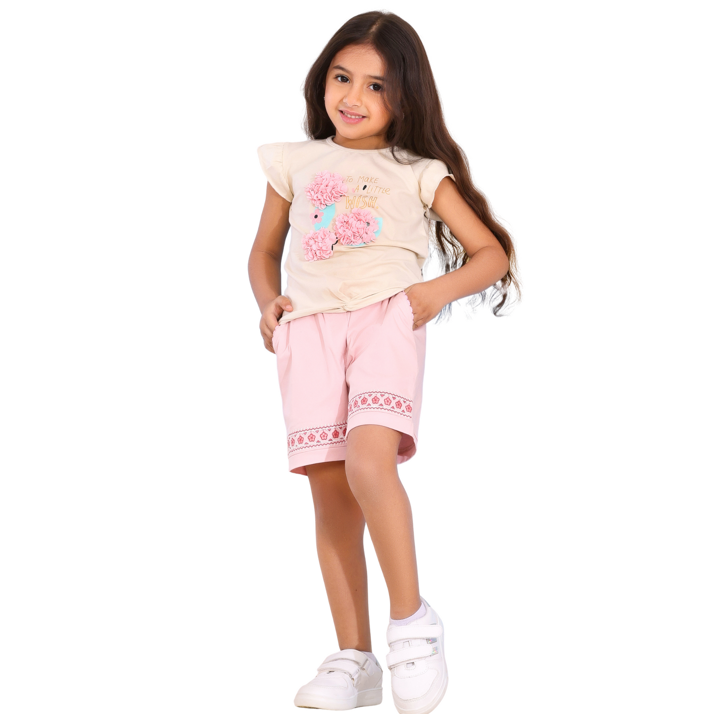 Girls' Cotton Tee & Embroidered Gabardine Shorts Pajama Set - Handmade Detail (2-5 Yrs) 510