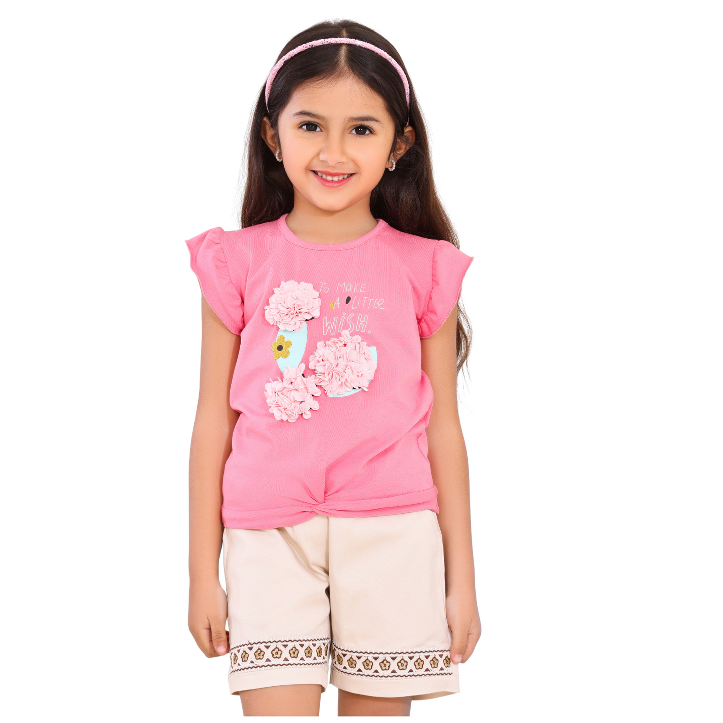 Girls' Cotton Tee & Embroidered Gabardine Shorts Pajama Set - Handmade Detail (2-5 Yrs) 510