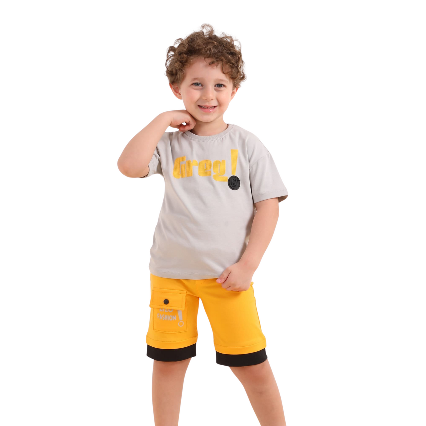 Greg! Boys’ Summer Pajama Set – Grey & Yellow (Ages 2–5) 721