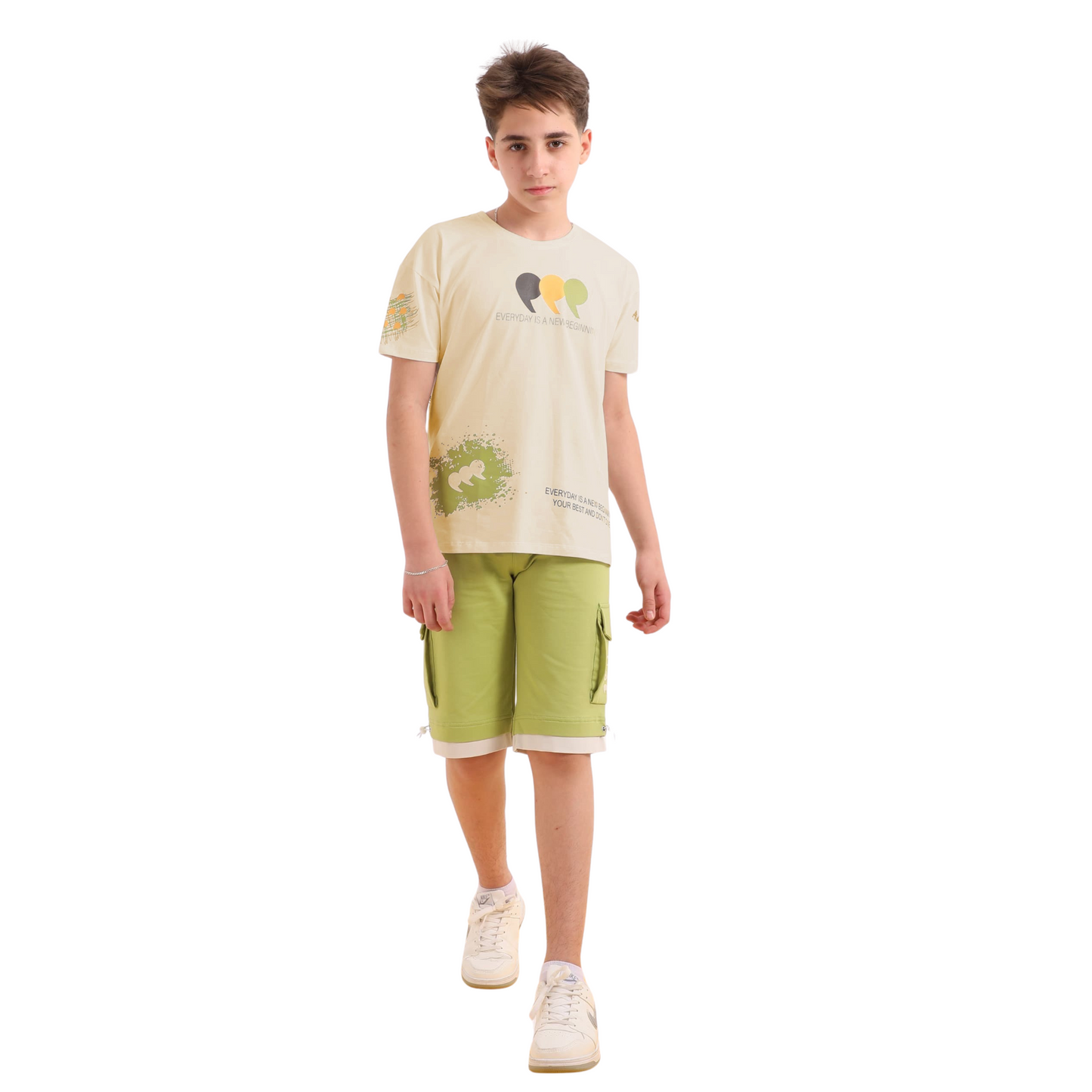 Boys' Cotton Lounge Set – Green & Beige (14-18 Years)