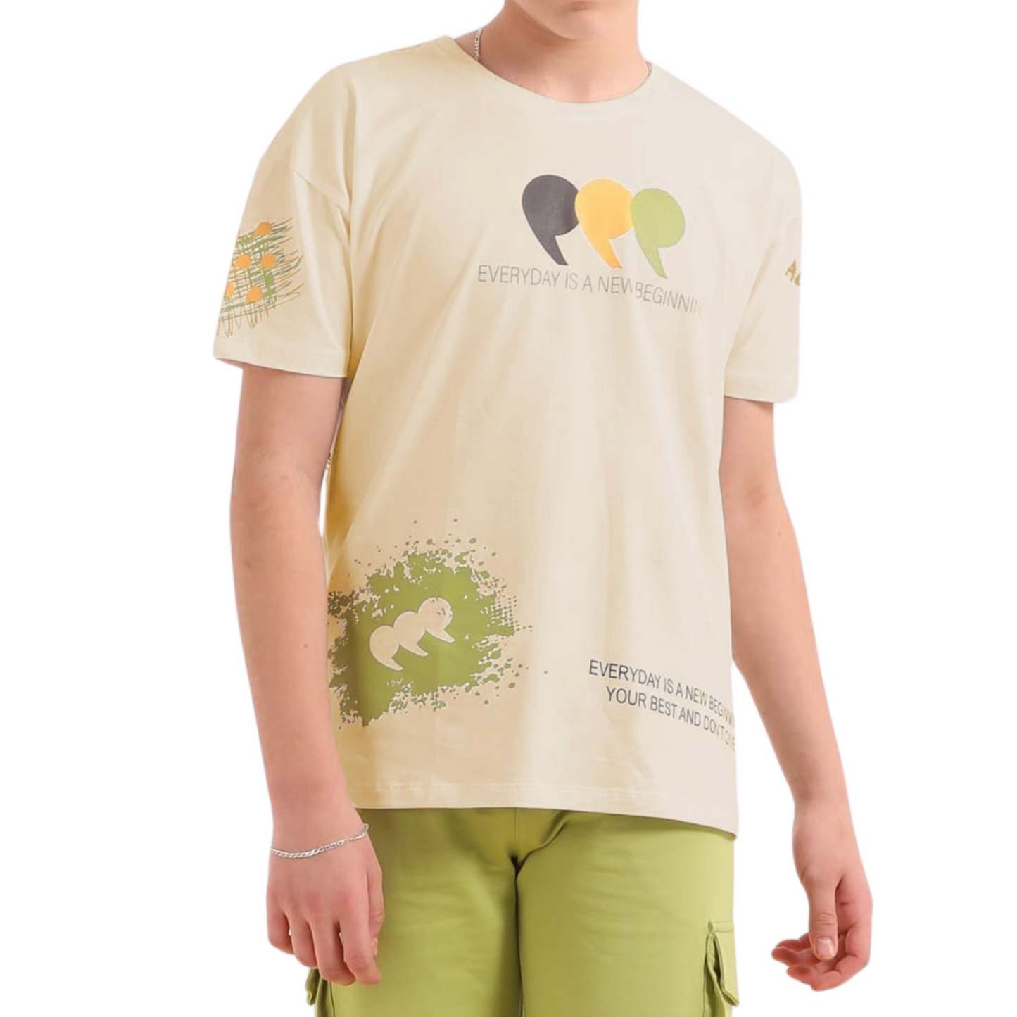Boys' Cotton Lounge Set – Green & Beige (14-18 Years)
