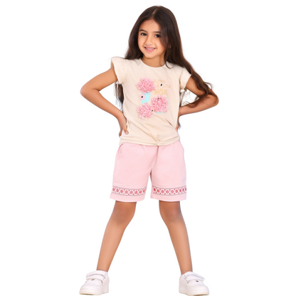 Girls' Cotton Tee & Embroidered Gabardine Shorts Pajama Set - Handmade Detail (2-5 Yrs) 510