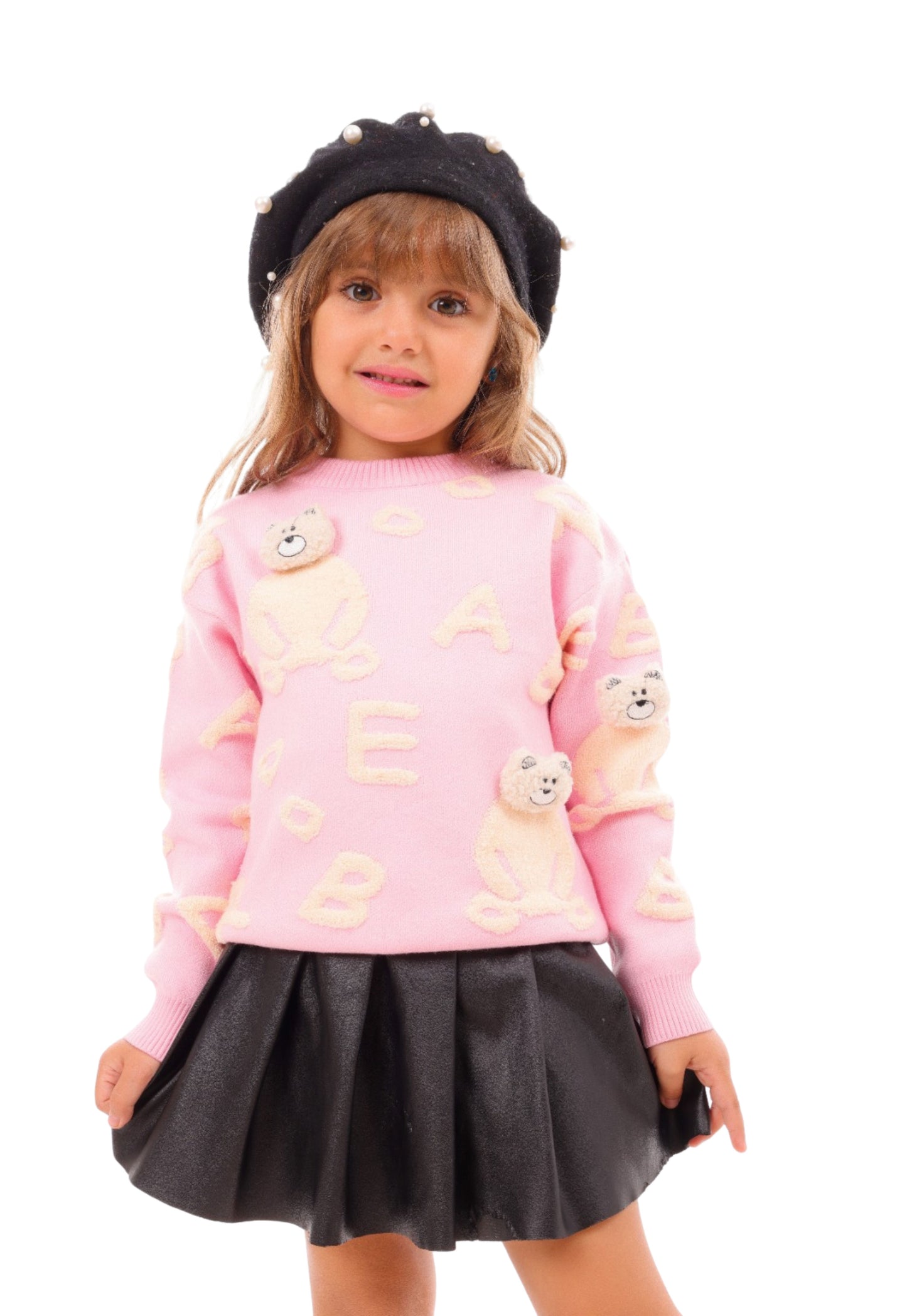 Girls' knitted sweater with a raised teddy bear design (357)