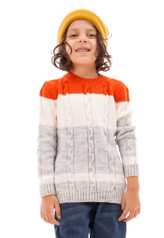 Boys' knitted pullover with wide tricolor stripes (301)
