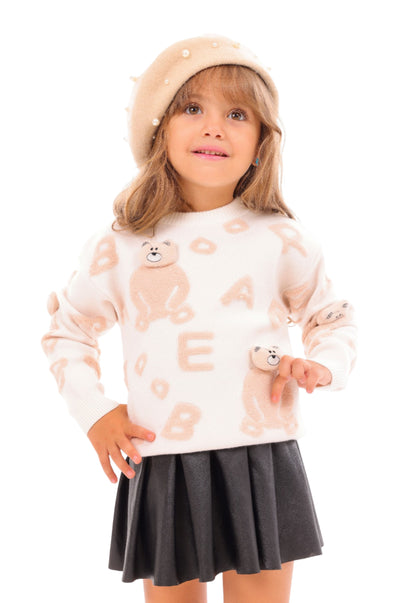 Girls' knitted sweater with a raised teddy bear design (357)