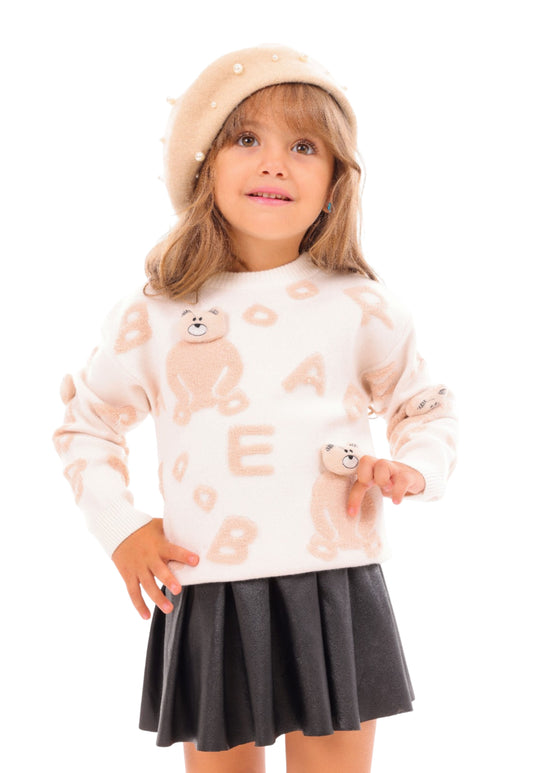Girls' knitted sweater with a raised teddy bear design (357)