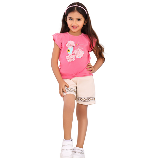 Girls' Cotton Tee & Embroidered Gabardine Shorts Pajama Set - Handmade Detail (2-5 Yrs) 510