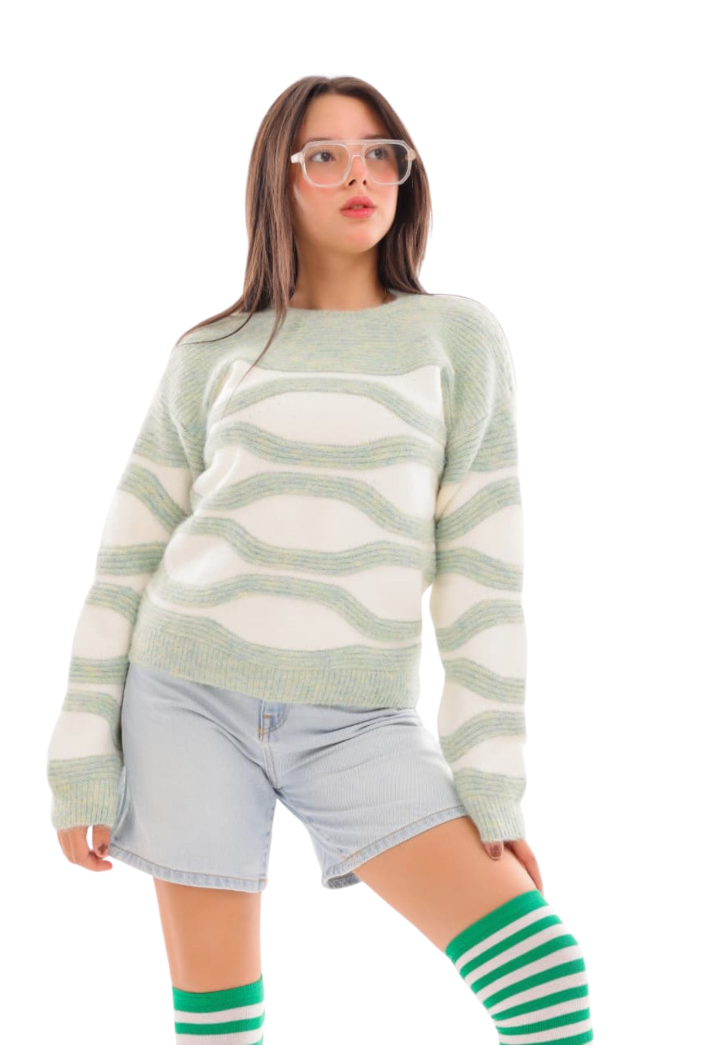 Girls' knitted pullover with a modern wavy pattern (378)