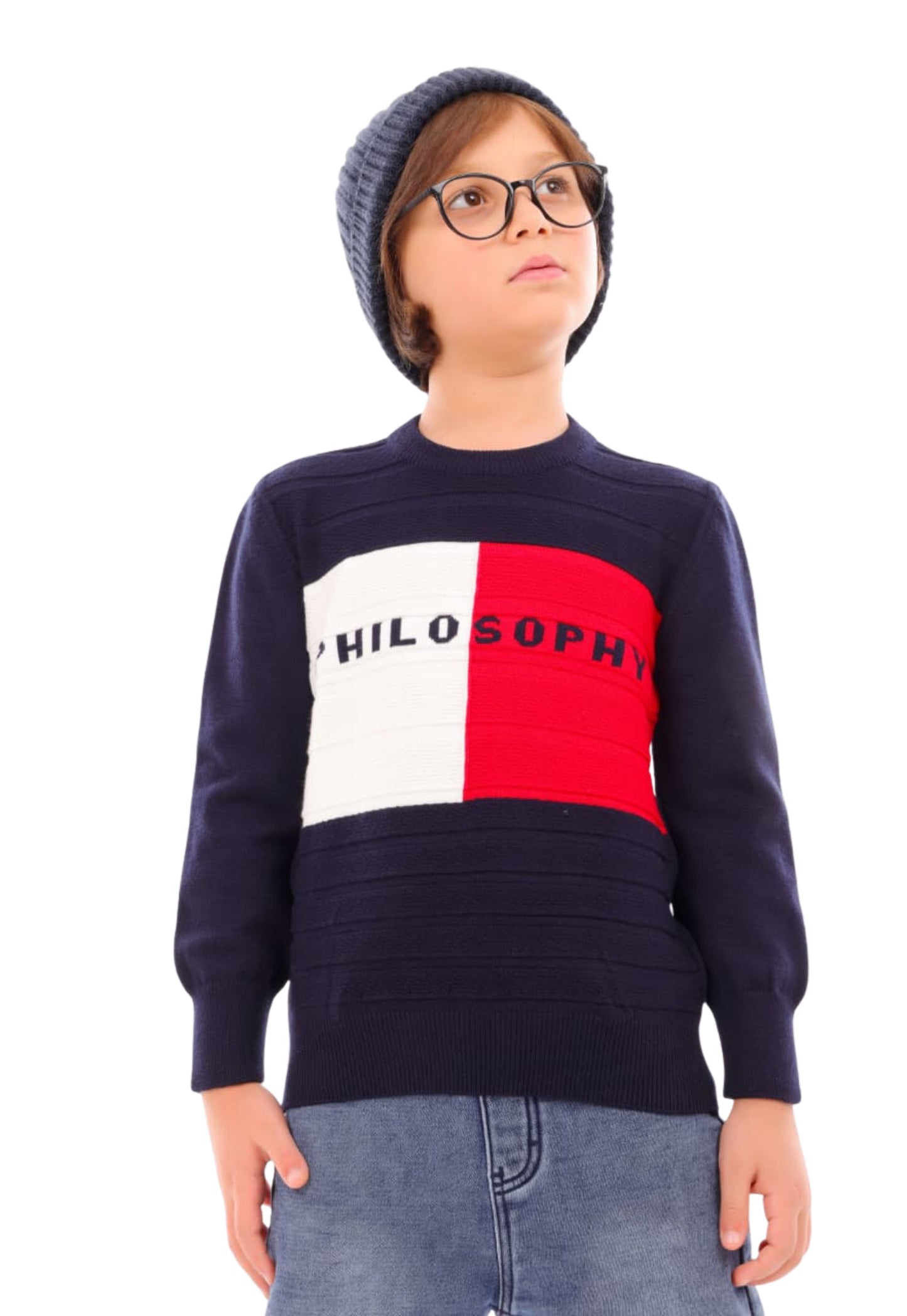 Boys' two-tone knitted sweater with PHILOSOPHY pattern (326)