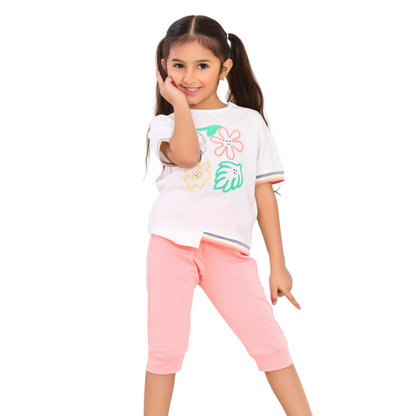 Girls' Cotton Pajama Set - Printed Top & Capri Pants (2–5 Years) 511