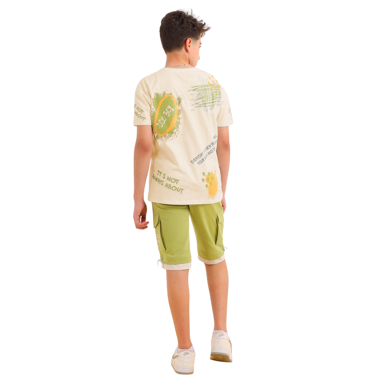 Boys' Cotton Lounge Set – Green & Beige (14-18 Years)