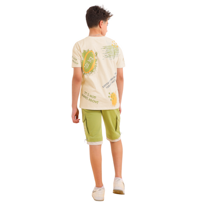 Boys' Cotton Lounge Set – Green & Beige (14-18 Years)