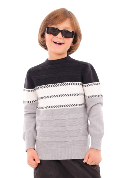 Boys' knitted pullover with a three-color design and geometric pattern (325)
