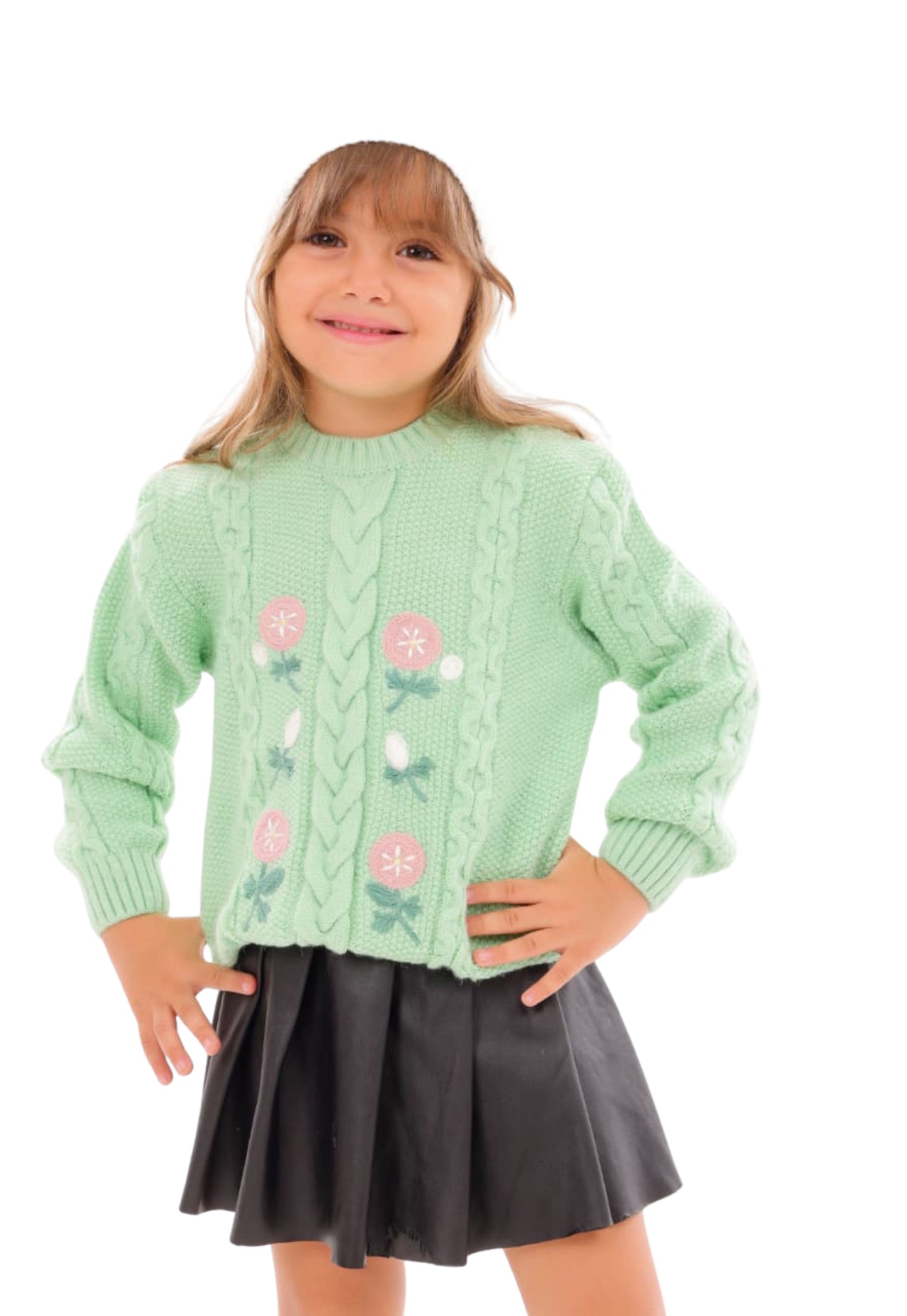 Girls' knitted pullover with delicate floral embroidery (359)
